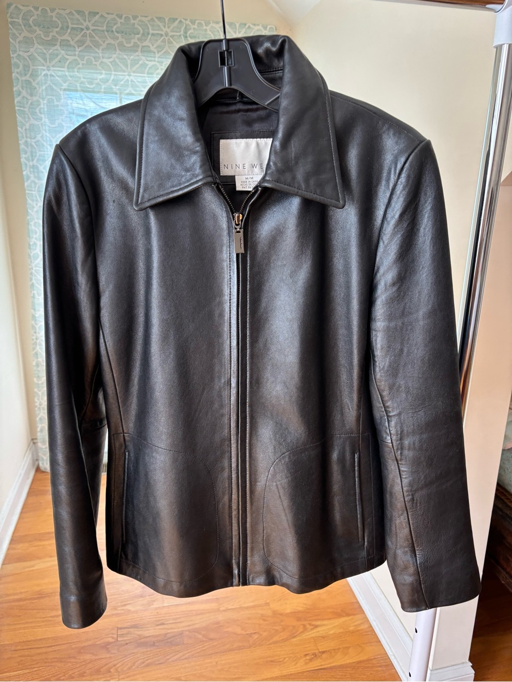 Nine West Black Leather Zip Jacket with Classic Collar Size M